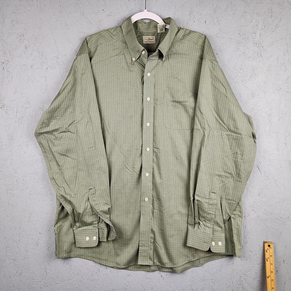 LL Bean Shirt Mens XL Green Check Button Down Long Sleeve Cotton Pocket Preppy